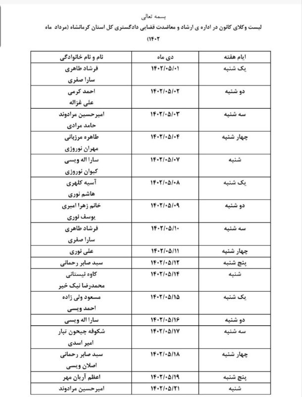 لیست وکلای کانون در اداره ارشاد و معاضدت قضایی دادگستری کل استان کرمانشاه. مردادماه ۱۴۰۲