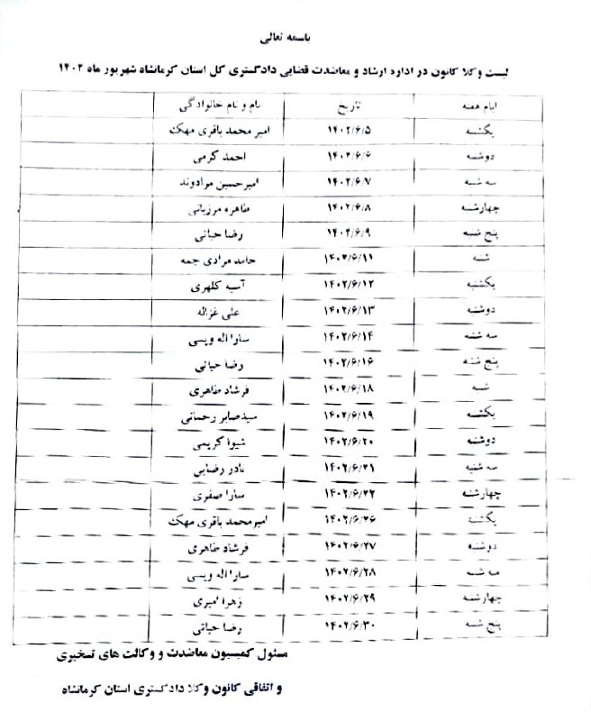 لیست همکاران گرامی در اداره ارشاد و معاضدت قضایی دادگستری کل استان کرمانشاه در شهریور ماه ۱۴۰۲